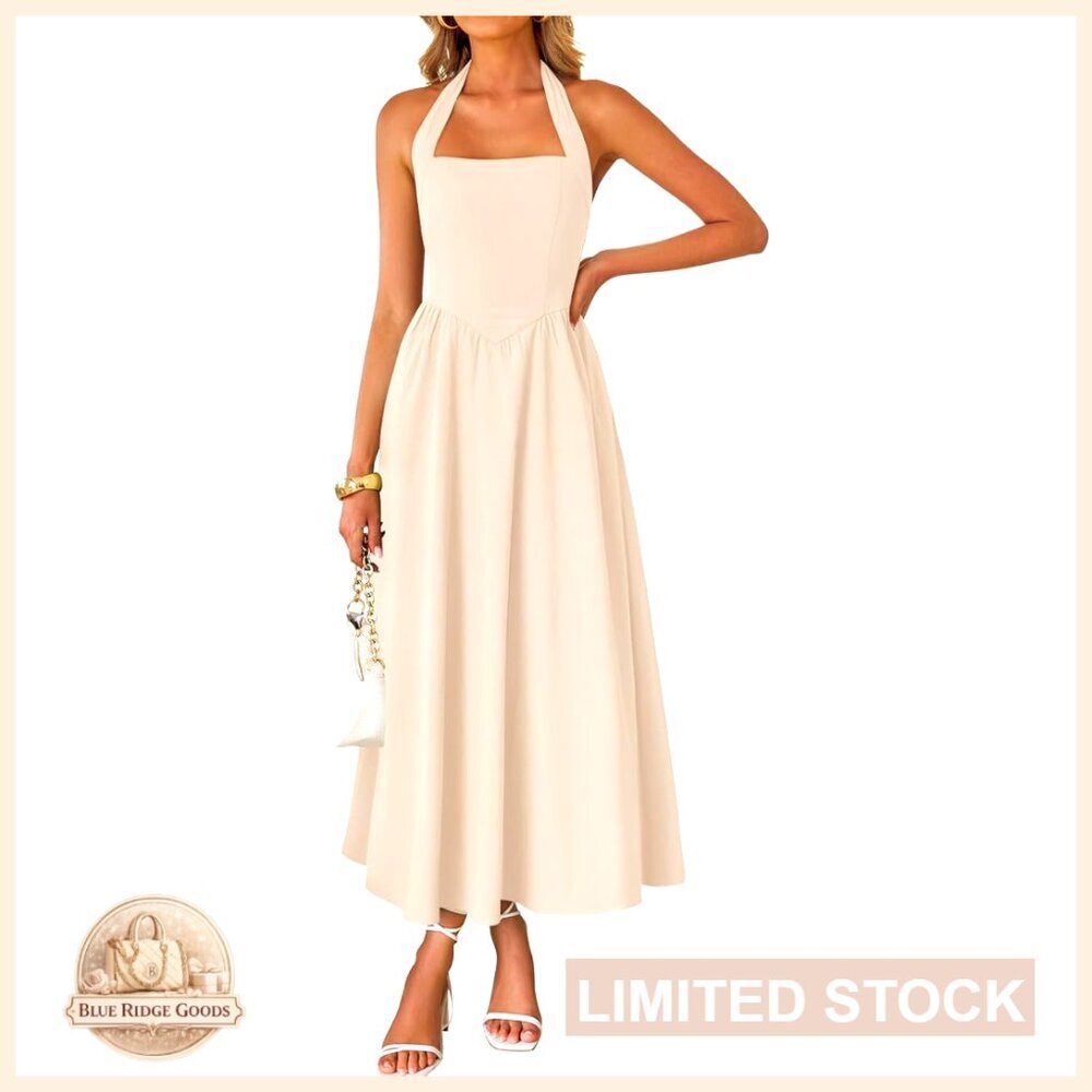 Sleeveless Halter Midi Dress High Waist Flowy Backless Beach Wedding Guest